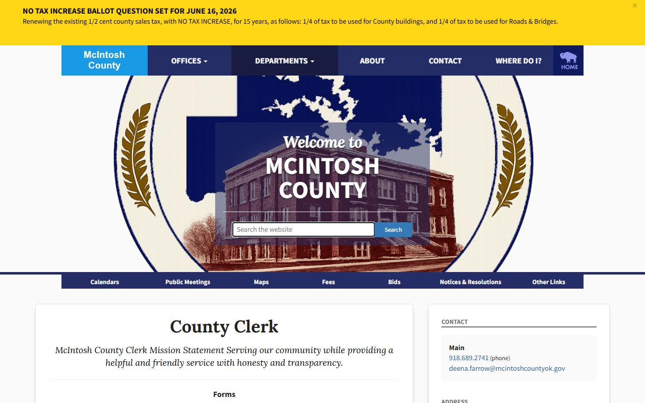 McIntosh County Clerk forms page with deed, affidavit, and records request forms