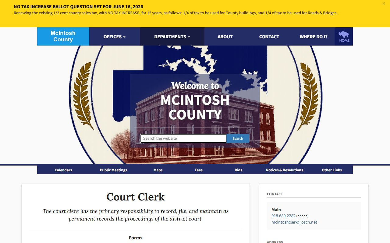 McIntosh County Court Clerk forms page directing court filers to OSCN