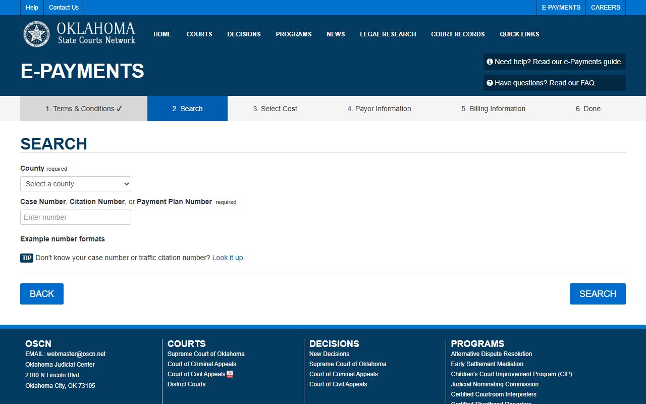 OSCN e-payment search by case or citation number for McIntosh County court dockets