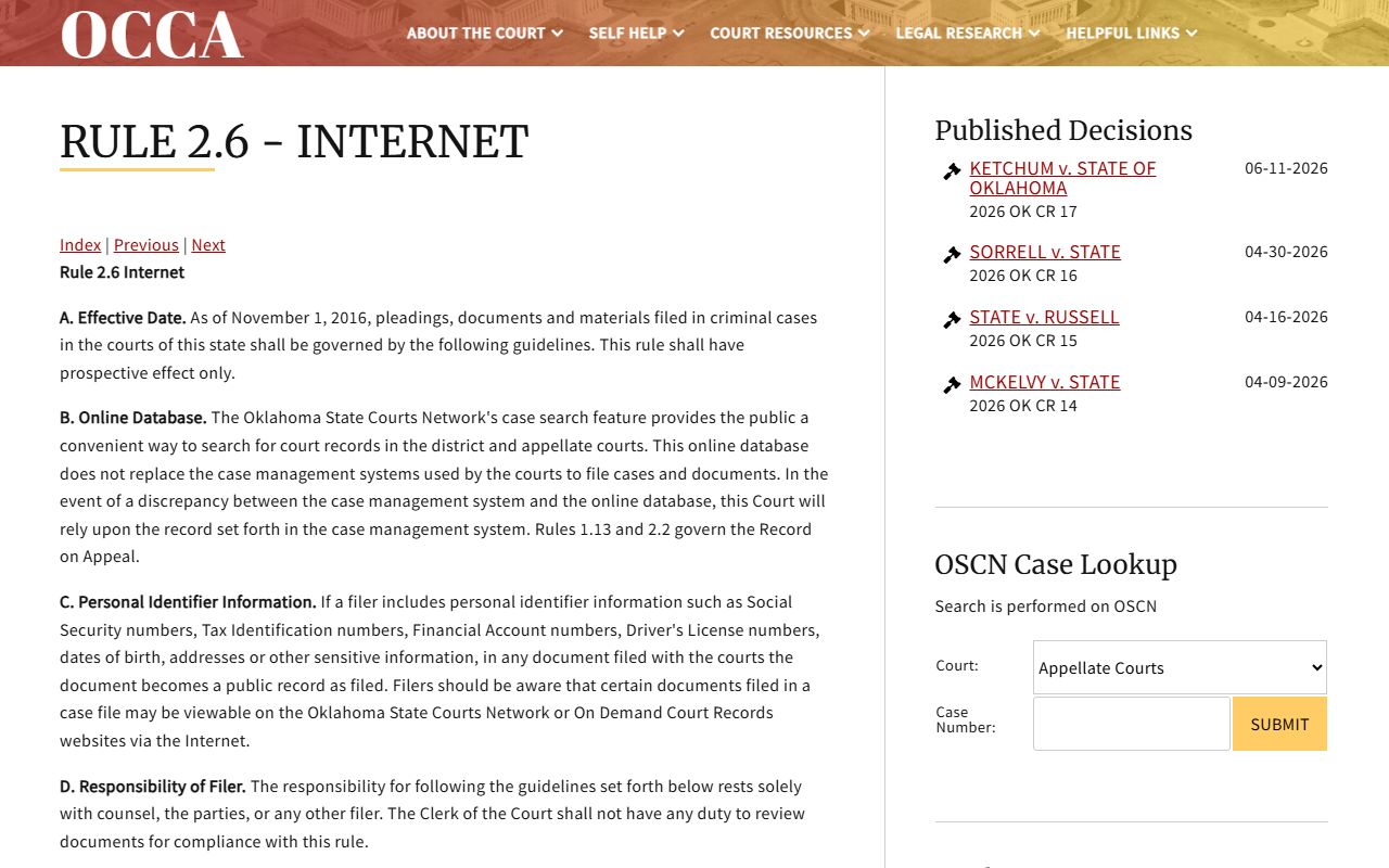 OCCA Rule 2.6 public-access caveat for McIntosh County court records