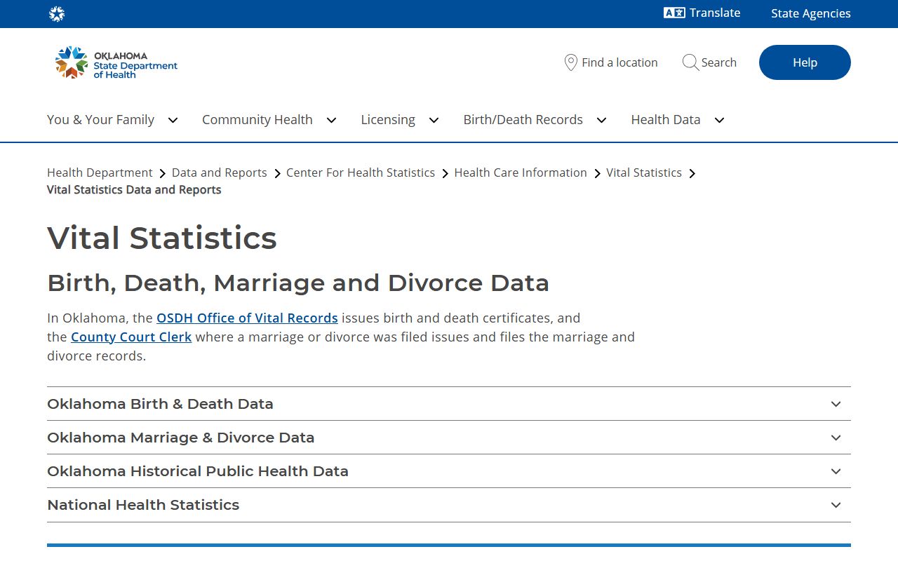 Oklahoma Vital Statistics guidance on marriage and divorce records for McIntosh County