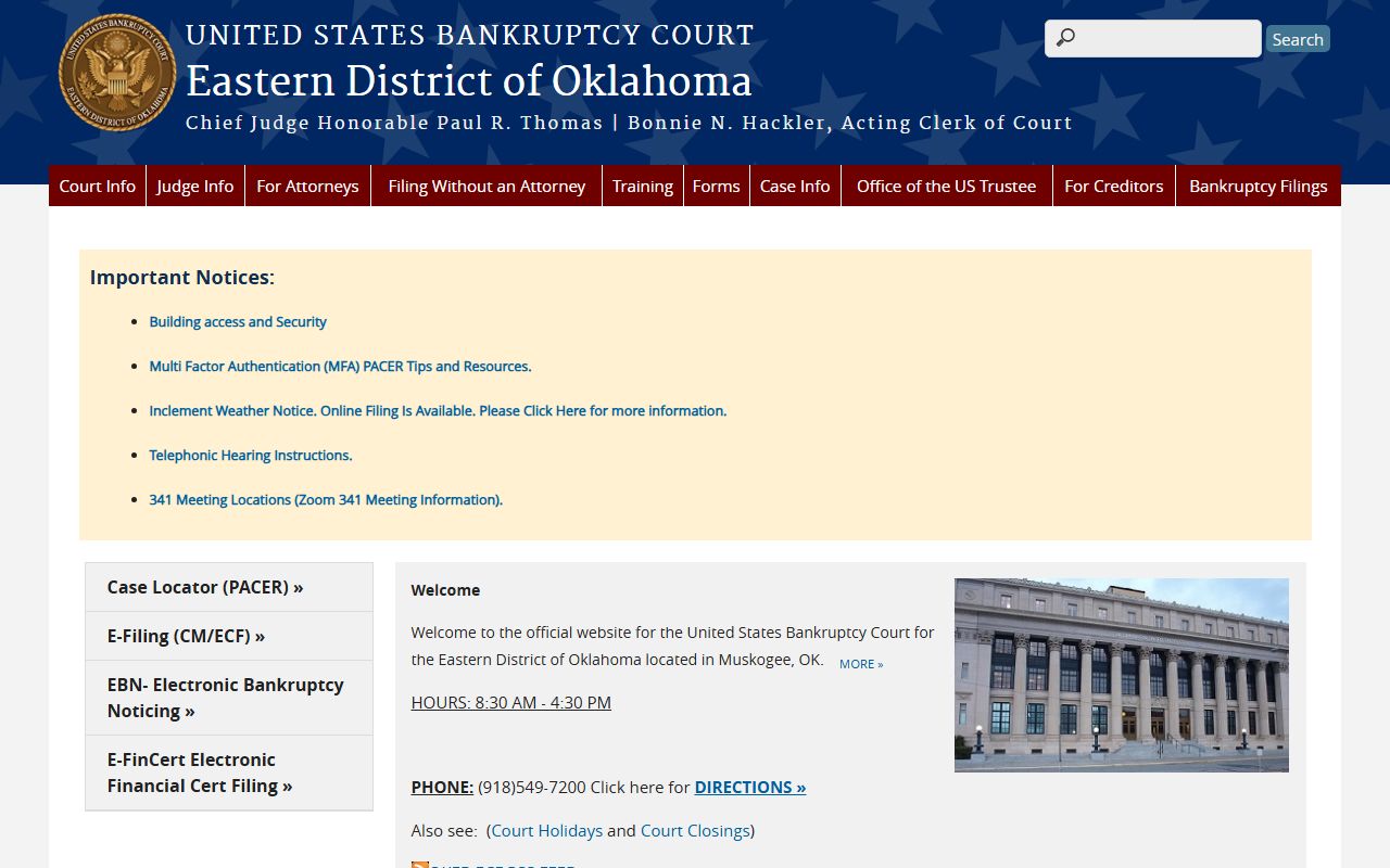 U.S. Bankruptcy Court Eastern District of Oklahoma site for federal estate matters near McIntosh County