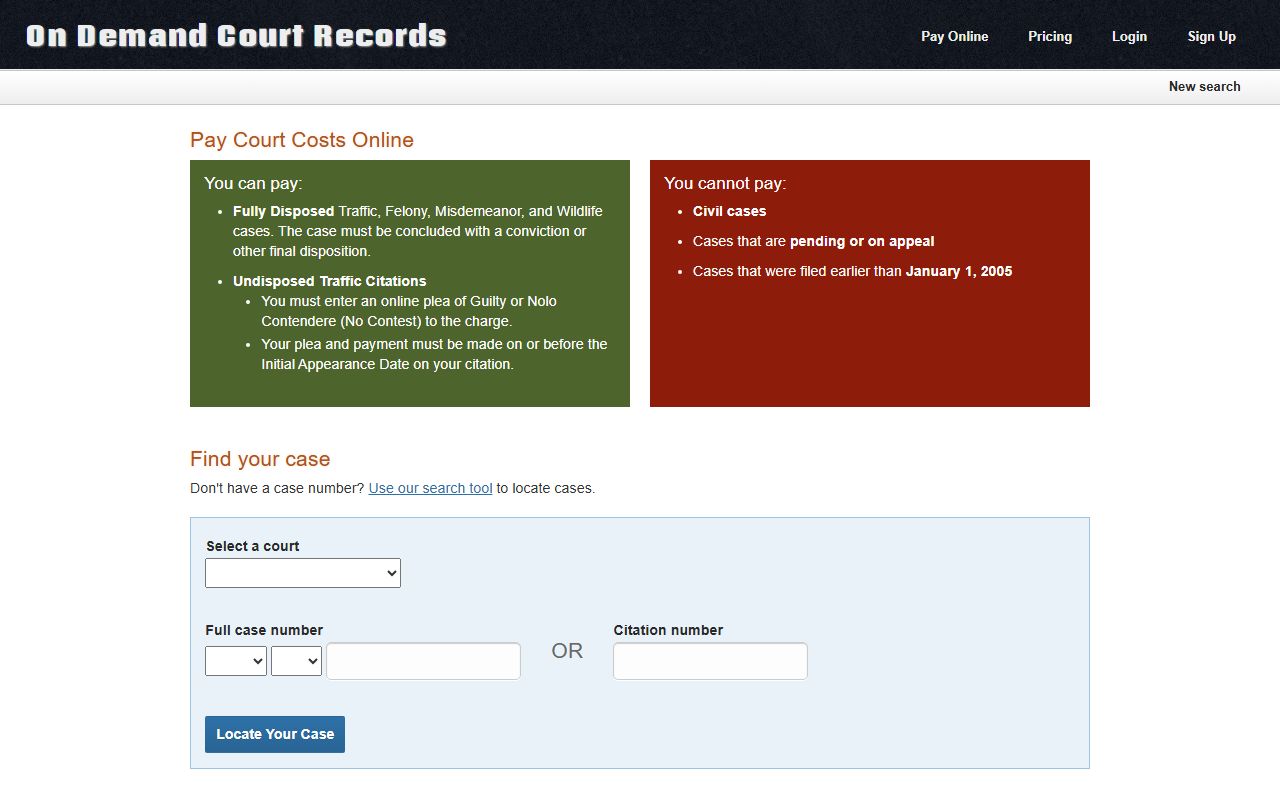ODCR pay-online page for McIntosh County traffic court records