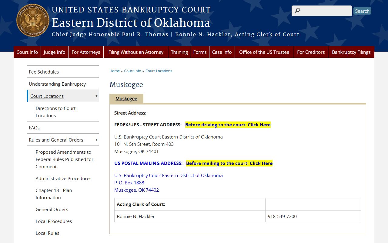 Eastern District of Oklahoma federal court Muskogee location serving McIntosh County warrant and federal records