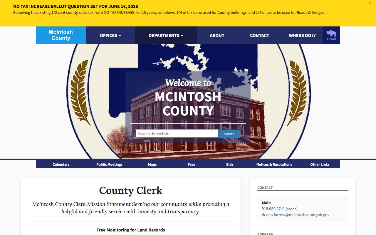 McIntosh County Clerk free land-record monitoring tool, a related county service alongside warrant records